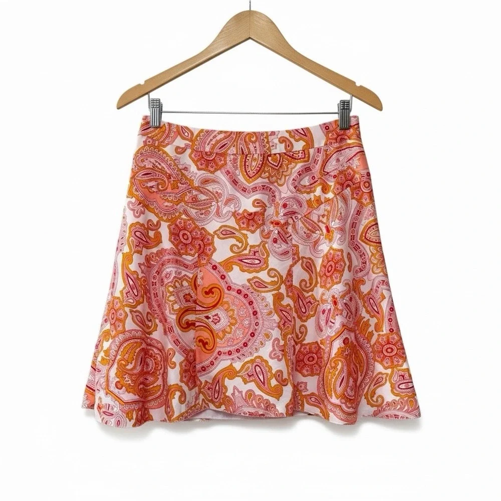 Banana Republic 100% Silk Paisley A-Line Mini‎ Skirt Pink Orange Lined Size 2